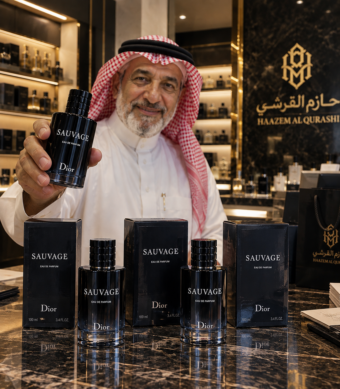 حازم القرشي يقدم عطر سوفاج ديور مع العلب في المتجر